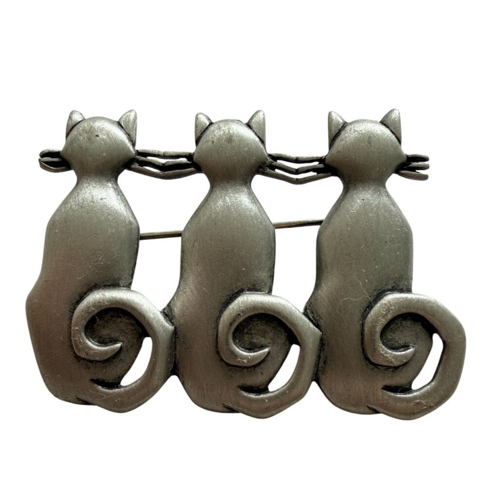 JJ Jonette Jewelry Triple Cat Brooch Silver Tone Vintage Figural Pin Whimsical